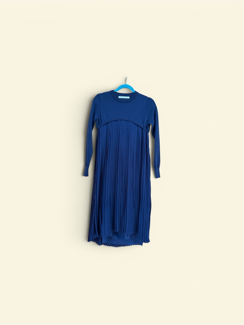 Blue Pleated Long-Sleeve Midi Dress - Women